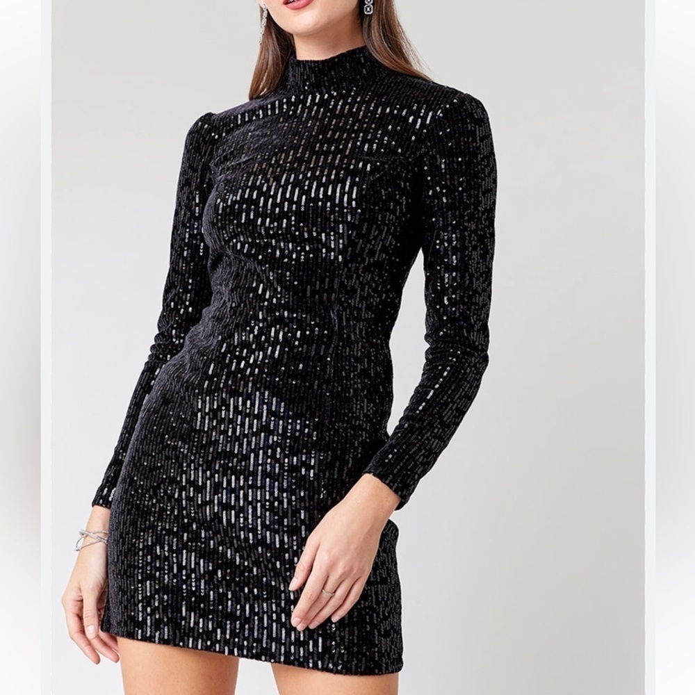 Ellie Mock Neck Black Sequin Mini Velvet Dress